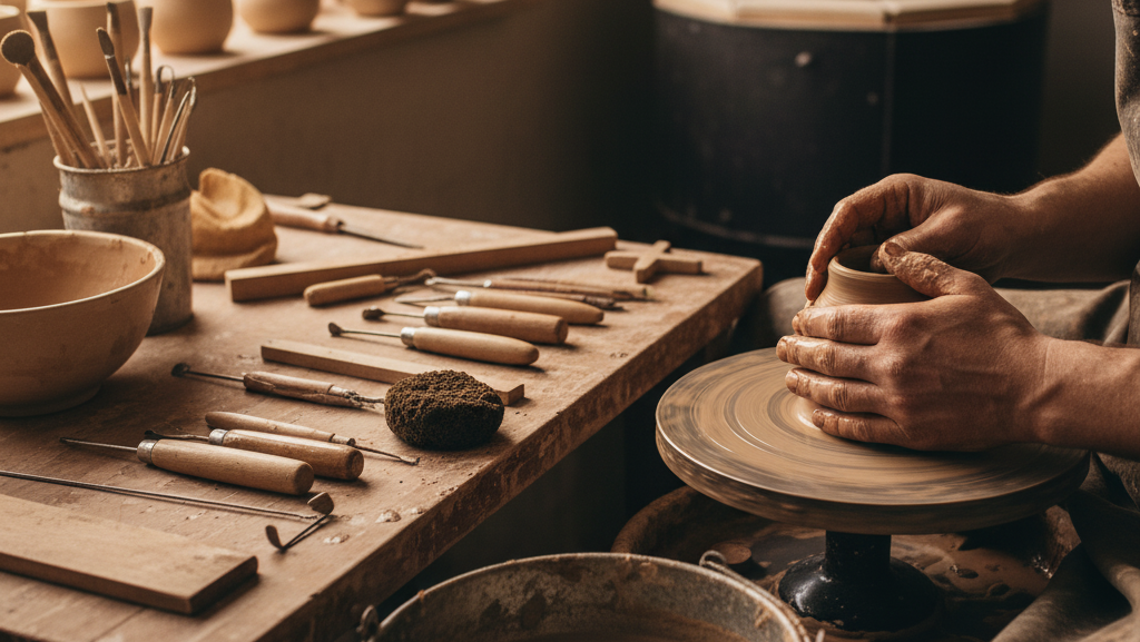 Obraz pokazujący osobę lepiącą dzbanek z gliny